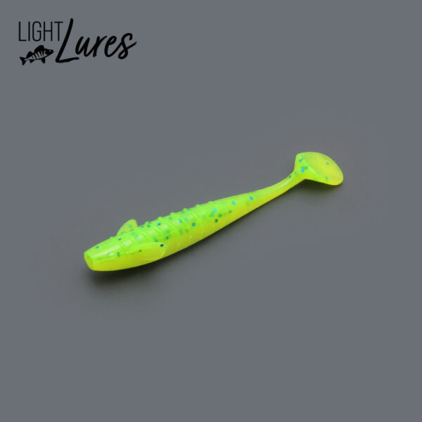 shad shadje 7,5 cm 7 cm 75 mm 70mm jiggen schoepstaart schoepstaartje paddletail UV fluo chartreuse geel lightlures light Lures ultra light Lures ultralight Lure ultralight bait ultralight lures baits softbait softlure vissen baars snoekbaars snoek roofvis perch barsch zander